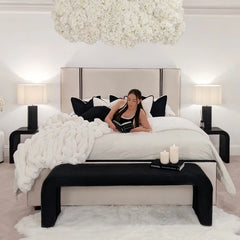 Velveta Noir Contrast Bed Full Setup Front View with Model Reading book in bed